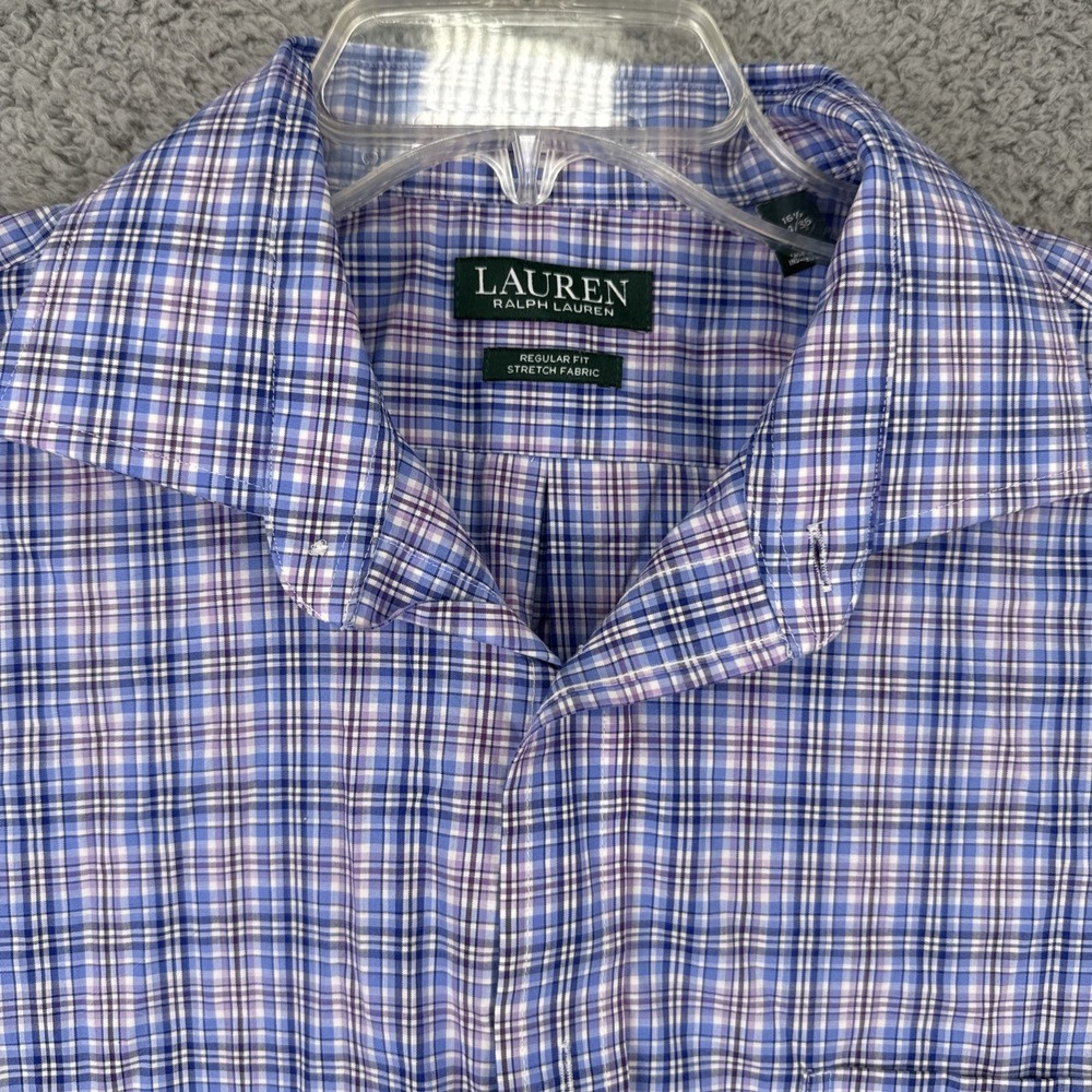Lauren Ralph Lauren Mens 16.5 34/35 Stretch Non-Iron Plaid Dress Shirt Blue